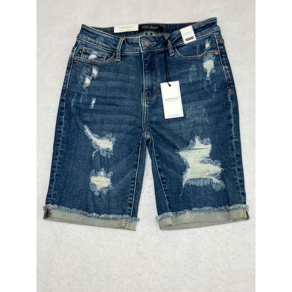 Judy Blue High Waist Distressed Bermuda Y2K Aesthetic Denim Medium Wash M NWT